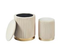 IlGruppone Set Di 2 Pouf Contenitore In Velluto Design Moderno Poggiapiedi,Sgabello Tondo con Coperchio Rimovibile e Seduta Imbottita Alta Densità Con Fascia In Metallo Capiente Storage Box (Beige2)