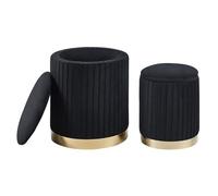 IlGruppone Set Di 2 Pouf Contenitore In Velluto Design Moderno Poggiapiedi,Sgabello Tondo con Coperchio Rimovibile e Seduta Imbottita Alta Densità Con Fascia In Metallo Capiente Storage Box - (Nero2)