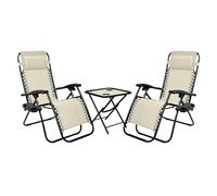 IlGruppone Set di 2 Sedie A Sdraio con Tavolino Zero Gravity Pieghevoli Schienale Regolabile da Esterno con Portabicchieri Poggiatesta Poltrona Sedia Relax Terrazzo Giardino - Set Beige