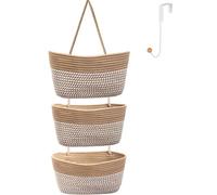 ililmmoeCesto appeso dietro la porta, cestino a 3 strati, corda di cotone, montato a parete， cestino da cucina decorativo, organizer per appendere il bagno, incluso1gancio (Strisce Di Lino)