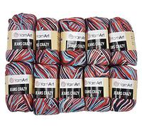 Ilkadim YarnArt Jeans Crazy - 10 gomitoli di lana da 50 g, con 55% cotone, effetto sfumato, multicolore, 500 g (blu, rosso, bianco, 7208)