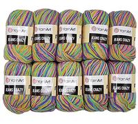 Ilkadim YarnArt Jeans Crazy - 10 gomitoli di lana da 50 g, con 55% cotone, effetto sfumato, multicolore, 500 g (verde, turchese, viola, 8215)