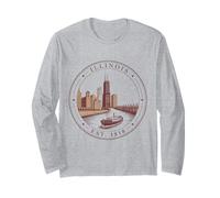Illinois Vintage State 1818 - Camicia Chicago River Skyline Boat Maglia a Manica