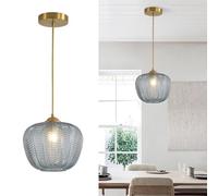 Illuminazione Lampada a sospensione moderna a globo di metà secolo Lampada a sospensione in oro spazzolato Lampada a sospensione piccola in vetro fumé Plafoniera in vetro a strisce vintage Lampade da