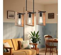 Illuminazione Nera Dell'Isola Della Cucina, 3 Lampade L60cm, Regolabili In Altezza Per Sala Da Pranzo, Lampadario Con Struttura In Legno, Cucina Luci Da Tavolo Da Biliardo E27 (Lampadine Non Incluse)