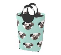 Illustrazione di un cucciolo di carlino blu, modello per bambini, Cesto portabiancheria pieghevole, Grande contenitore portaoggetti resistente con manici, 50 litri