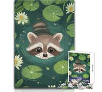 Illustrazione di un procione nello stagno delle ninfee, puzzle da 1000 pezzi per adolescenti, attività educativa divertente e logica, sentimento caldo, dimensioni 50x75cm