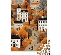 Illustrazione di una città autunnale, case bianche, Puzzle Sostenibili Con Motivi Per Adulti Da Gioco in Legno Di Alta Qualità 38x26cm/1000pcs