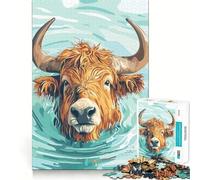 Illustrazione di una mucca delle Highlands che nuota - Puzzle da 1000 pezzi per adolescenti, gioco di sfida mentale, passatempo rilassante, taglio preciso, regalo adorabile 50x75cm