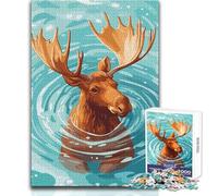 Illustrazione di un'alce che nuota nell'acqua, puzzle da 1000 pezzi per adulti, gioco di abilità educativo interattivo, ottima idea regalo significativa, dimensioni 38x26cm