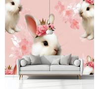 Illustrazione Digitale Animali Coniglio Fiori Carta da Parati In Tessuti non Tessuti 400 x 280 cm Murali, Rosa Fotomurale Murale, Soggiorno Camera da Letto Cameretta Dei Bambini Decorazione