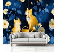 Illustrazione Digitale Margherite Gatto Bollitore Carta da Parati In Tessuti non Tessuti 350 x 256 cm Murali, Blu Fotomurale Murale, Soggiorno Camera da Letto Cameretta Dei Bambini Decorazione