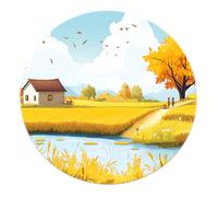 Illustrazione pastorale autunnale Stile Tappeto rotondo Area Risiera dorata Alberi di riso Cottage Stagno Tappeto lavabile Morbido antiscivolo per camera da letto Soggiorno 160x160cm