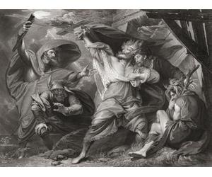 Illustrazione per l'opera teatrale di William Shakespeare King Lear Act III Scena IV. Da un'incisione del XVIII secolo di William Sharp dopo un'opera di Benjamin West. Stampa poster di Ken Welsh (18 x