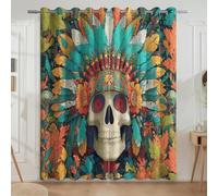 Illustrazione Stile Messicano Piume Teschio Per fan degli scheletri Tende Per Salotto - Lunga durata Tende Termiche Isolanti Per Finestre, Blu verde acqua, 150L x 245A cm (2 Pannelli) 59"x96"