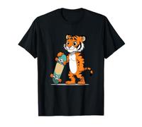 Illustrazione Tigre Cartone con Skateboard Maglietta