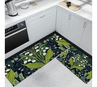 Illustrazioni botaniche retrò Set di 2 Tappeti da Cucina Antiscivolo e Assorbenti, Tappetini con Foglie di mughetto bianco, per Ingresso, Cucina e Ufficio, Decorazione casa, 43x75cm+43x150cm, Verde