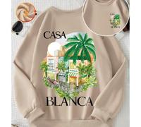 Illustrazioni retrò dipinte a mano con scene di strada tropicali per bambini e bambine. Maglioni autunnali a maniche lunghe con scollo rotondo. Maniche lunghe casual e versatili. Adatti per la casa e