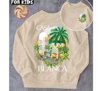 Illustrazioni retrò dipinte a mano con scene di strada tropicali per bambini e bambine. Maglioni autunnali a maniche lunghe con scollo rotondo. Maniche lunghe casual e versatili. Adatti per la casa e