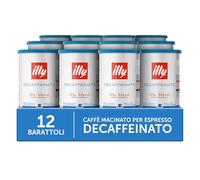 illy, Caffè Macinato per Espresso Tostato DECAFFEINATO, 100% Arabica con Note di Caramello, Cioccolato e Pan Tostato, Senza Caffeina, Gusto Equilibrato, Confezione da 12 Barattoli (12x185g)