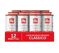 illy, Caffè Macinato per Moka Tostato CLASSICO, 100% Arabica con Note di Fiori d'Arancio e Gelsomino, Gusto Morbido e Retrogusto Dolce, Confezione da 12 Barattoli (12 x 185g)