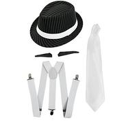 ILOVEFANCYDRESS - Cappellino trilby con bretelle bianche spesse + cravatta bianca + 3 pezzi SPIV TASH 4 pezzi costume gangster