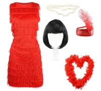 ILOVEFANCYDRESS Costume da Flapper Deluxe per Donna - Abito Rosso con Frange 1920 con Copricapo di Paillettes di Piume Abbinato Charleston Anni 1920 - Taglia: Piccola (EUR 38/40)