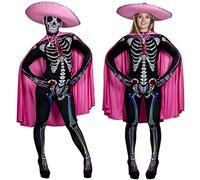 ILOVEFANCYDRESS® - Costume intero da donna, con stampa di scheletro in stile calaveras, tipico del Giorno dei Morti in America Centrale, completo di mantello e sombrero rosa, maschera rimovibile, taglie disponibili dalla S alla XL