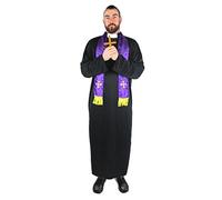 ILOVEFANCYDRESS - Costume maschile, motivo “sacerdote”, include: tunica lunga con colletto bianco, paramento liturgico viola con croci dorate ricamate