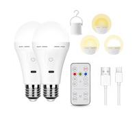 Ilumos Lampadina di emergenza E27 LED USB C ricaricabile 3 colori dimmerabile con telecomando(2Pack)