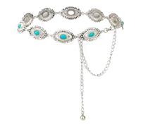 ILuvatar Cintura da donna in metallo stile western in argento anticato, regolabile, stile cowgirl con turchese, Concho, ovale - decorazione in pietra blu intagliata, ideale per abiti, jeans. Perfetto