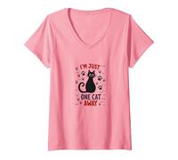 I'm Just One Cat Away - Divertente Amante degli Animali Maglietta con Collo a V, Donna, Rosa, XXL