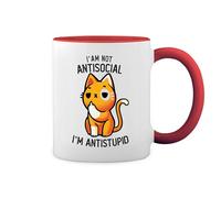 I'm Not Antisocial I'm Anti Stupid Funny Cat Kitten Cute New Trend Fun Lustig Bianco tazza di caffè con Red Rim & Handle Mug