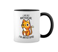 I'm Not Antisocial I'm Anti Stupid Funny Cat Kitten Cute New Trend Fun Lustig Bianco tazza di caffè con Nero Rim & Handle Mug