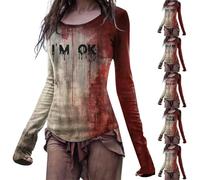 Im Ok Its Not My Blood Camicia Donna Spaventoso Costumi di Halloween I'm Ok Bloody T Shirt Manica Lunga Top Girocollo Pullover Trendy Festival Outfits, Rosso -3, S