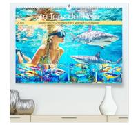 Im Tanz der Haie. Seelenströmung zwischen Mensch und Meer (hochwertiger Premium Wandkalender 2026 DIN A2 quer), Kunstdruck in Hochglanz: Die tiefe ... Mensch und Hai in leuchtenden Paintings