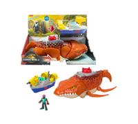 Fisher-Price Imaginext Jurassic World La Rinascita, Mosasauro Acquatico, Dinosauro Giocattolo da 46 cm Circa con Action Figure da 8 cm Circa, Barca con Lanciatore e 2 proiettili, JFR23