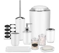 IMAVO Set di accessori da bagno - Set di 8 accessori da bagno bianchi con bidone della spazzatura, dispenser di sapone, portasapone, portaspazzolino, portaspazzolino, porta scopino, dispenser Qtip con