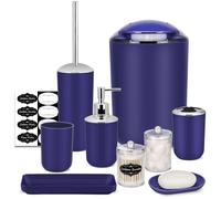IMAVO Set di accessori da bagno - Set di 8 accessori da bagno blu con cestino, dispenser di sapone, portasapone, portaspazzolino, bicchiere per spazzolino, porta scopino per WC, dispenser Qtip con