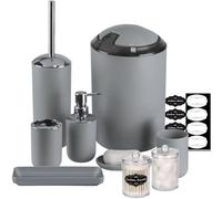 IMAVO Set di accessori da bagno - Set di 8 accessori da bagno grigi con bidone della spazzatura, dispenser di sapone, portasapone, portaspazzolino, bicchiere per spazzolino, porta scopino per WC,