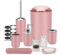 IMAVO Set di accessori da bagno - Set di 8 accessori da bagno rosa con bidone della spazzatura, dispenser di sapone, portasapone, portaspazzolino, tazza per spazzolino da denti, porta scopino per WC,