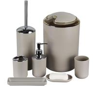 IMAVO Set di accessori da bagno, set regalo in plastica, 6 pezzi, portaspazzolino, bicchiere per spazzolino, dispenser per sapone, portasapone, porta scopino per WC, cestino (albicocca)