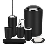 IMAVO Set di accessori da bagno, set regalo in plastica, 6 pezzi, portaspazzolino, bicchiere per spazzolino, dispenser per sapone, portasapone, porta scopino per WC, cestino (nero)