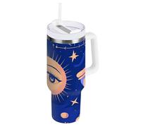 Imbuto per tarocchi blu dorato con coperchio con cannuccia, in acciaio inox, a bocca larga, tazza da viaggio per caffè, a prova di perdite, a prova di perdite, regalo per uomo e donna