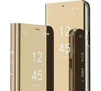 IMEIKONST Custodia Compatibile con Samsung Galaxy S24 Ultra, Flip a Libro Specchio con Funzione Kickstand Clear View Antiurto Protettiva Pelle Smart Cover per Samsung S24 Ultra. Mirror: Oro QH