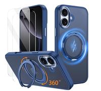IMEIKONST Custodia per iPhone 16 con Protezione Schermo (2 confezioni), Traslucido Magnetica Custodia con 360° Rotante Anello Supporto Cavalletto Antiurto Cover per iPhone 16. Blu JSZJ