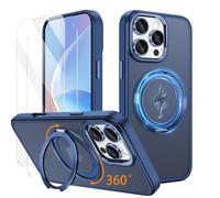 IMEIKONST Custodia per iPhone 16 Pro con Protezione Schermo (2 confezioni), Traslucido Magnetica Custodia con 360° Rotante Anello Supporto Cavalletto Antiurto Cover per iPhone 16 Pro. Blu JSZJ