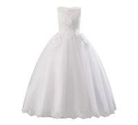 IMEKIS Abito da damigella d'onore per bambine, senza maniche, con ricamo floreale, in pizzo, per bambini, elegante, per compleanno, feste, per la prima comunione, per la festa, bianco, 11-12 Anni