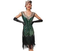 IMEKIS Abito da donna anni '20, grande Gatsby, senza maniche, scollo a V, con paillettes, con frange, vintage, da cocktail, da sera, per feste a tema, verde scuro, M