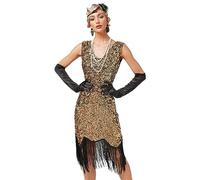 IMEKIS Abito da donna anni '20, grande Gatsby, senza maniche, scollo a V, con paillettes, con frange, vintage, da cocktail, da sera, per feste a tema, oro, XXXL